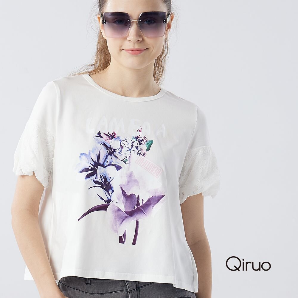 12362087A01-春夏專櫃白色短袖上衣2087A 紫色花朵款